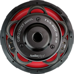 Audiopipe 12-inch subwoofer with red surround, black dust cap, and TX-BDC-II12 badge