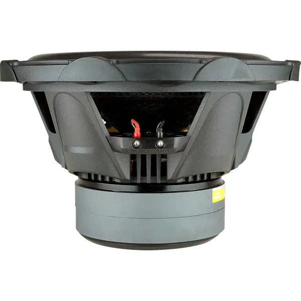 Audiopipe 12-inch subwoofer rear view with red wiring and terminal area