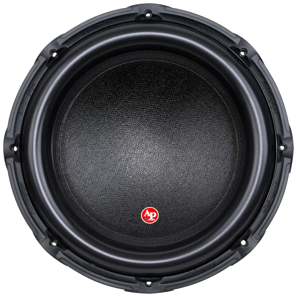 Black 15-inch subwoofer with black mesh cone and red Ap logo dust cap.