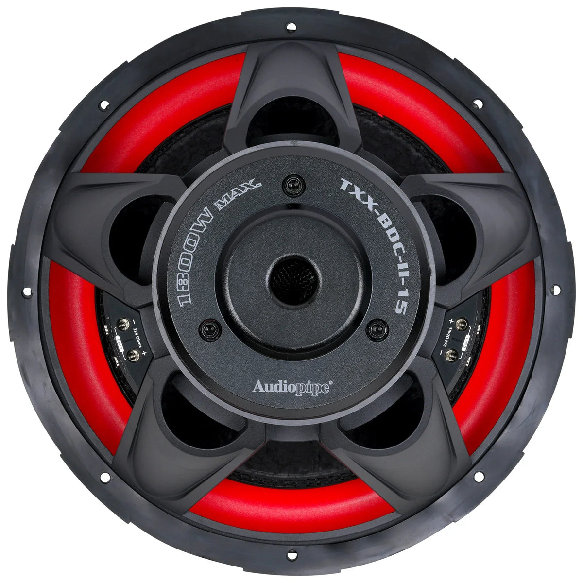 Black 15-inch subwoofer with red surround ring and multi-blade speaker basket.