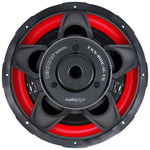 Black 15-inch subwoofer with red surround ring and multi-blade speaker basket.