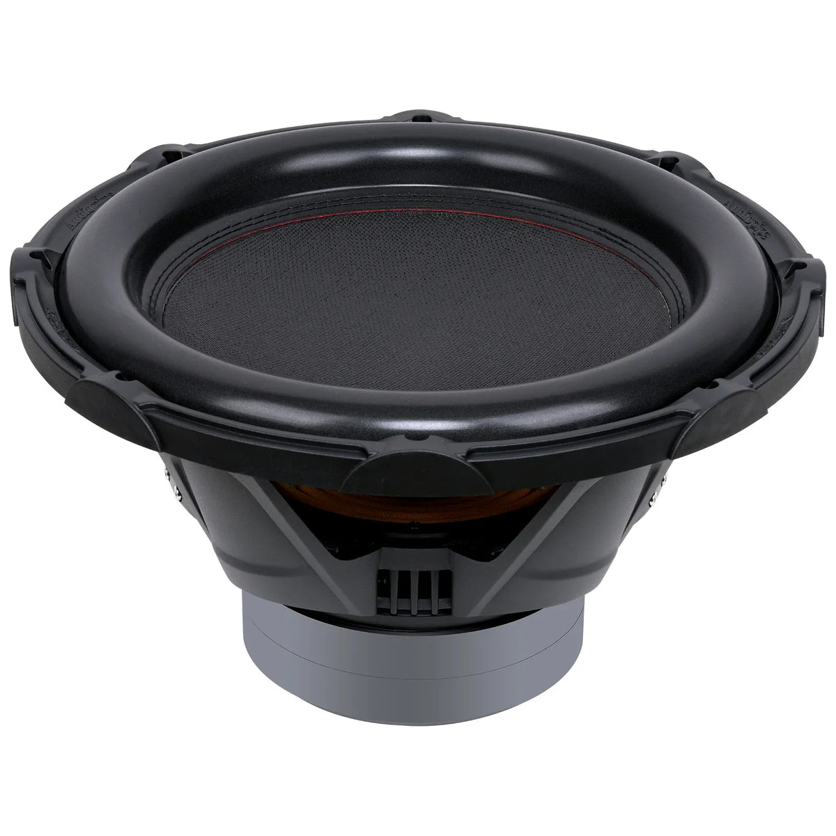 Black 15-inch subwoofer rear view with dust cap and surrounding frame holes.