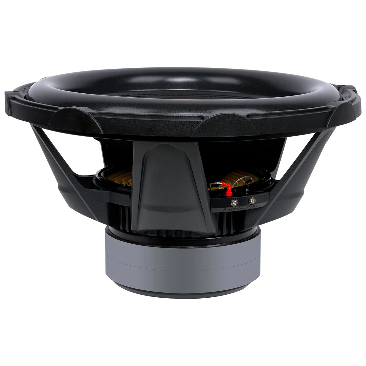 Black 15-inch subwoofer showing rear terminals and internal vented motor frame.