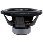 Black 15-inch subwoofer showing rear terminals and internal vented motor frame.