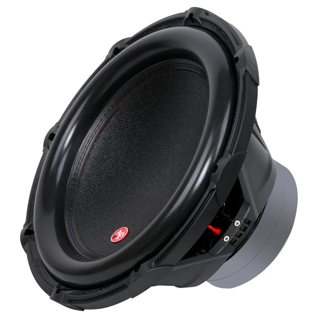 Black 15-inch subwoofer driver with black mesh cone and visible mounting brackets.