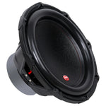 Black 15-inch subwoofer driver with black mesh cone and red logo on dust cap.