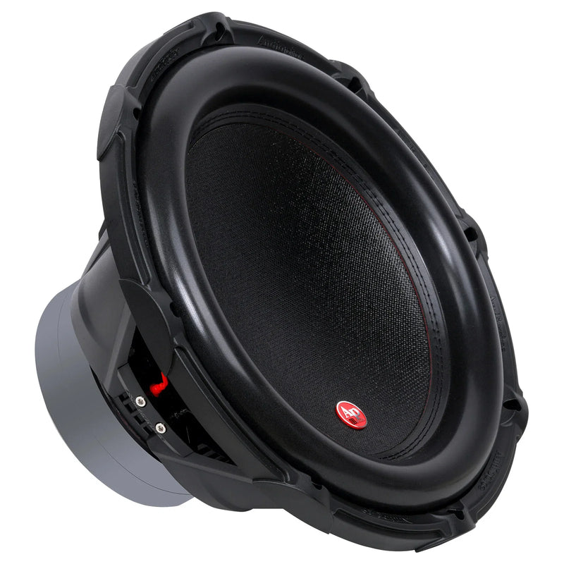 Black 15-inch subwoofer driver with black mesh cone and red logo on dust cap.