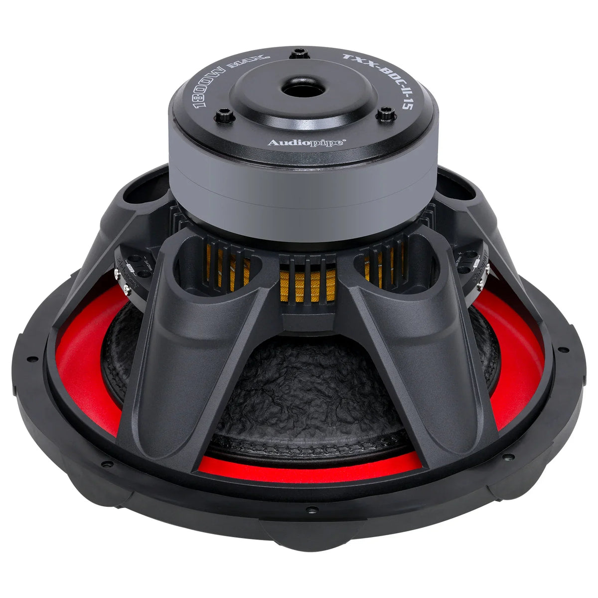Black 15-inch subwoofer top view with vented fins and internal support channels.