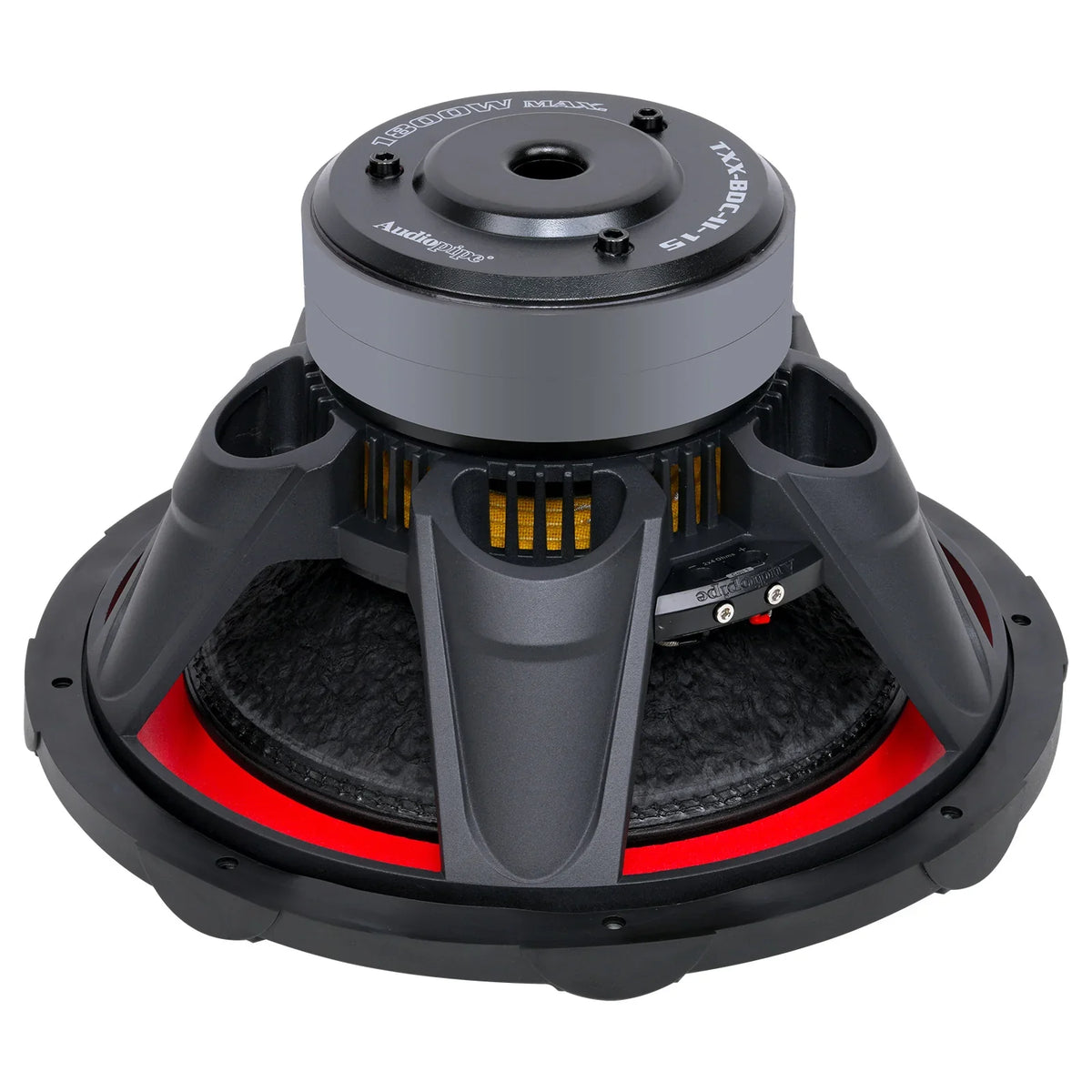 Black 15-inch subwoofer top view with vented fins and wiring terminal screws.
