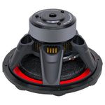 Black 15-inch subwoofer top view with vented fins and wiring terminal screws.