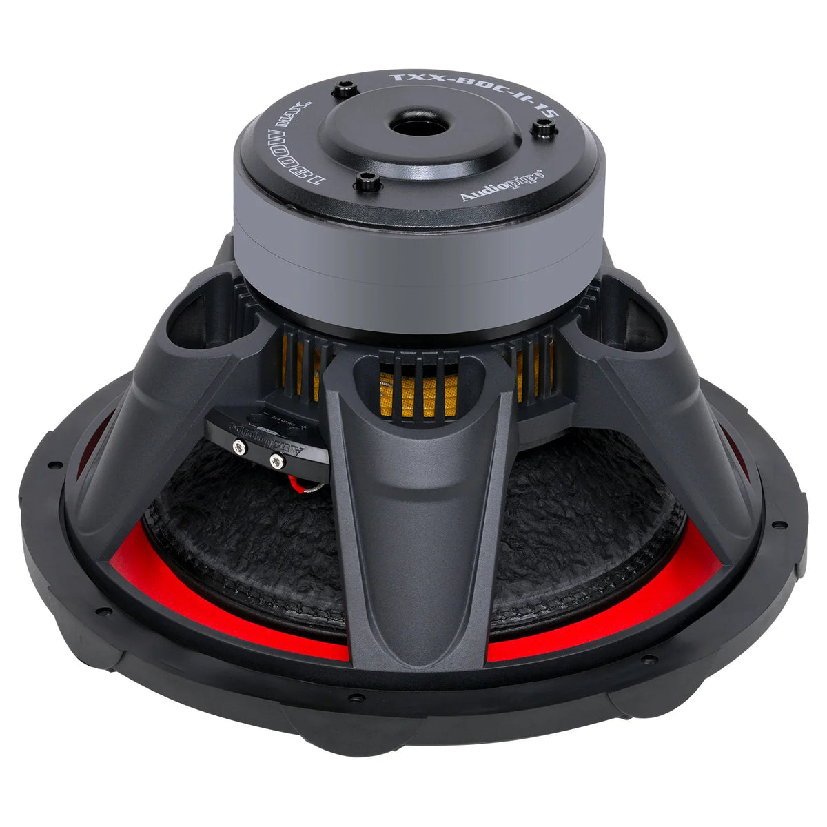 Black 15-inch subwoofer top view with vented motor housing and red wire lead.