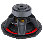 Black 15-inch subwoofer top view with vented motor housing and red wire lead.
