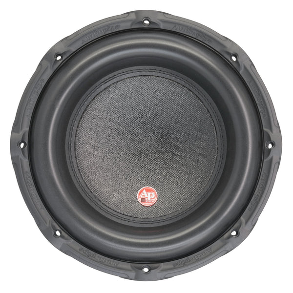 12-inch subwoofer grille with centered dust cap and red AP logo