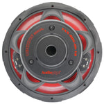 12-inch subwoofer driver with red surround and gray cone, Audiopipe logo