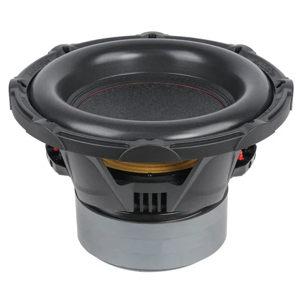 12-inch subwoofer with exposed underside, black cone edge, and motor vents