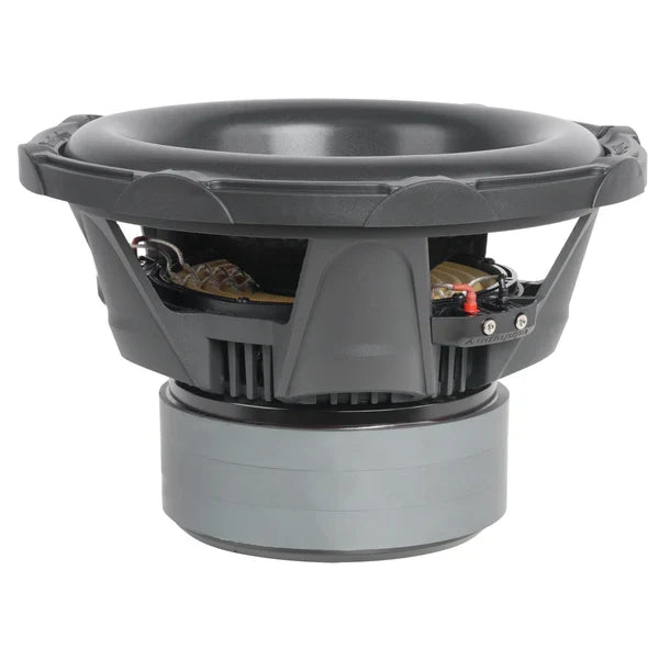 12-inch subwoofer from rear with wiring terminals and black vented grille