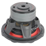 12-inch subwoofer underside view with red surround and vented motor housing