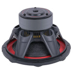 Audiopipe subwoofer rear top view with red surround and vented metal frame