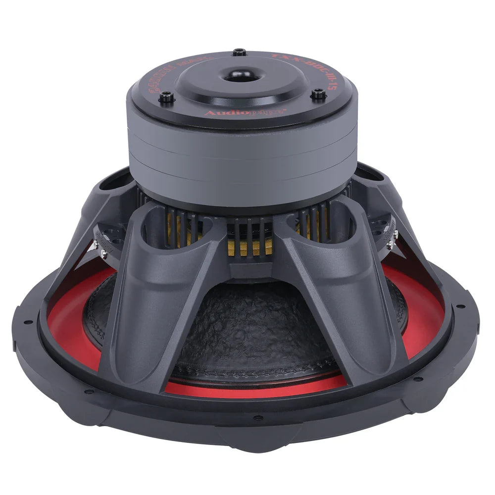 Triple-stack subwoofer with red cone surround and exposed motor structure