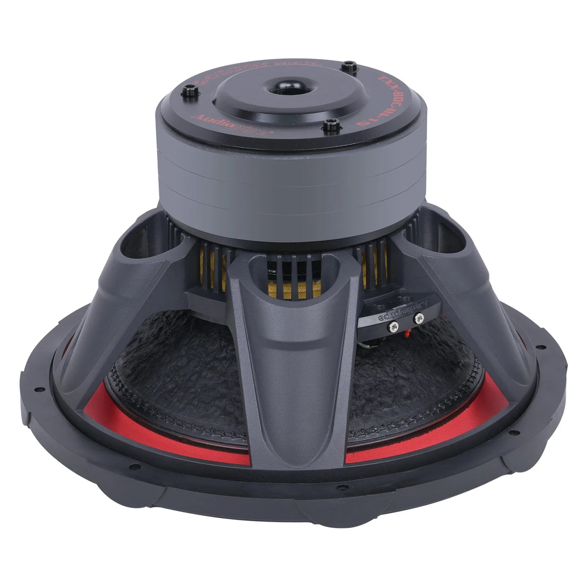 Audiopipe subwoofer top view with red surround, center cap, and vented frame