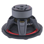 Audiopipe subwoofer top view with red surround, center cap, and vented frame