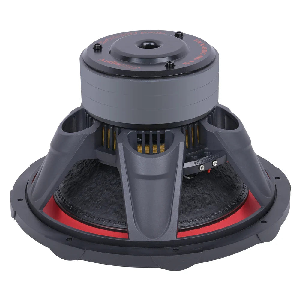 Triple-stack subwoofer bottom view with red speaker ring and vented frame