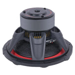 Triple-stack subwoofer bottom view with red speaker ring and vented frame
