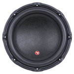 Black subwoofer driver with textured cone mesh and center cap, front view