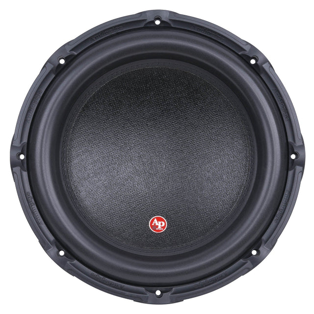 Black subwoofer driver with textured cone mesh and center cap, front view