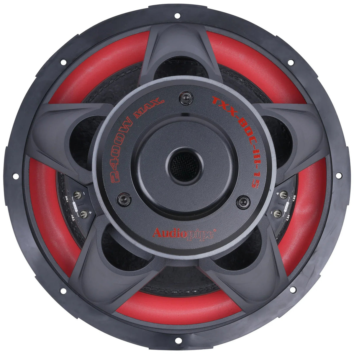 Audiopipe subwoofer with red surround, cone logo, and multi-vent frame, front view