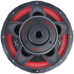 Audiopipe subwoofer with red surround, cone logo, and multi-vent frame, front view