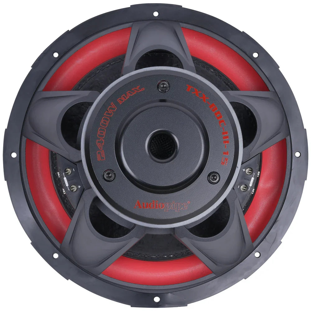 Audiopipe subwoofer front with red ring, black cone, and Audiopipe logo plate