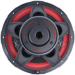 Audiopipe subwoofer front with red ring, black cone, and Audiopipe logo plate