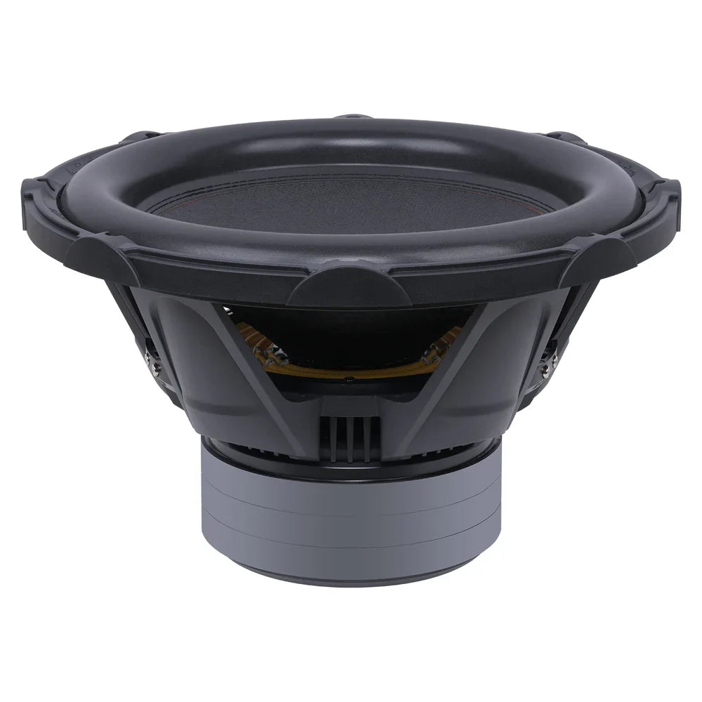 Car subwoofer with top view of cone surround and internal wiring visible