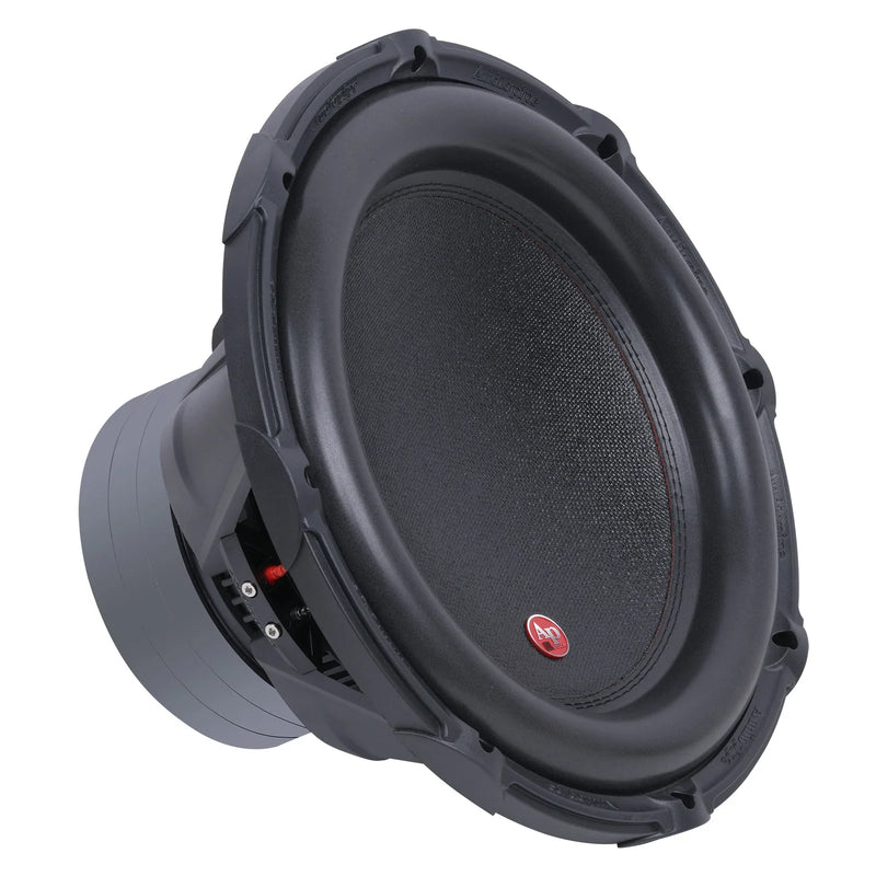 Black subwoofer with textured center cone and mounting screws, angled view