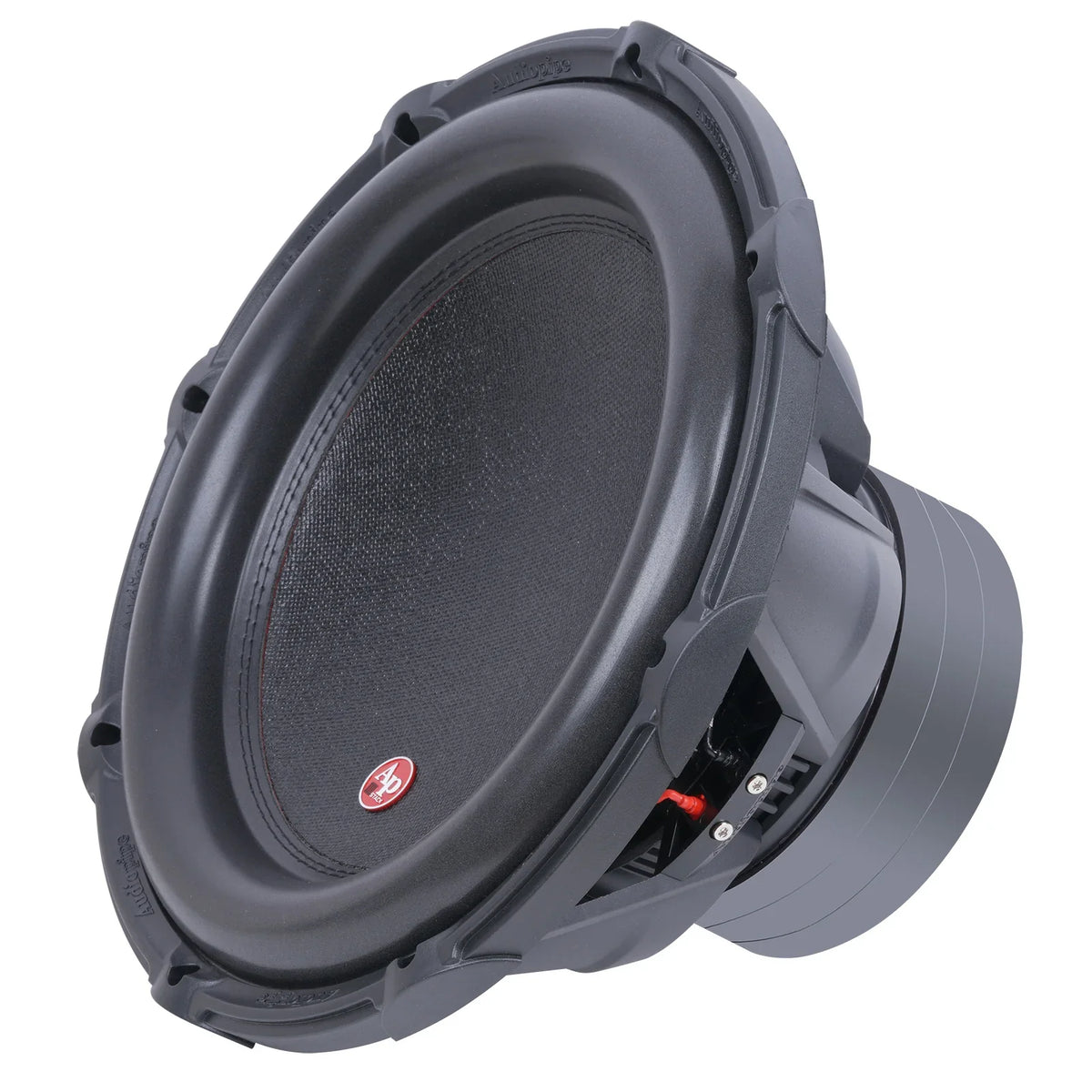 Black subwoofer with textured cone and visible rear frame details, side view