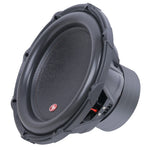Black subwoofer with textured cone and visible rear frame details, side view