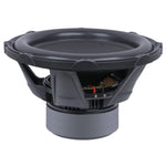 Black subwoofer with top cone and visible interior, rear three-quarter view