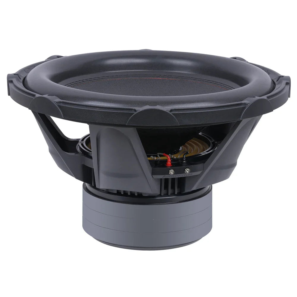 Car subwoofer from above with black dust cap and exposed internal components