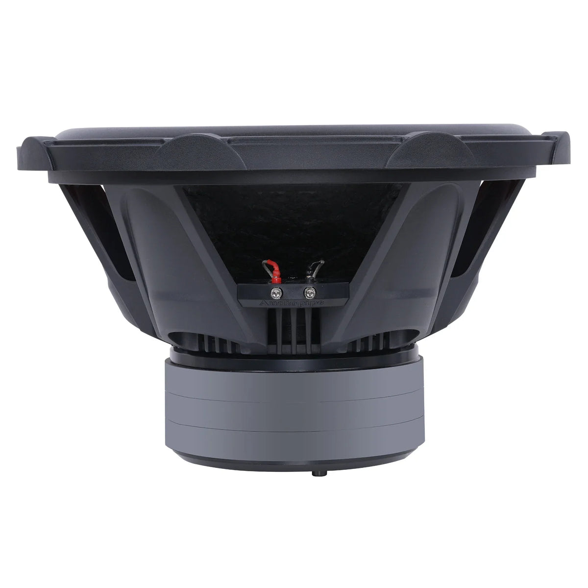 Black subwoofer from the back with exposed terminals and mounting bracket