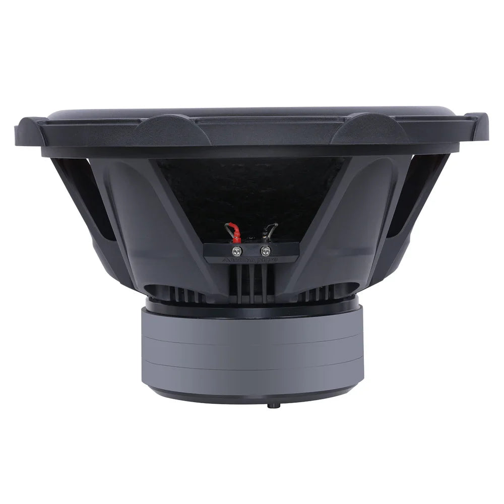 Car subwoofer from the rear with terminal screws and vented metal frame
