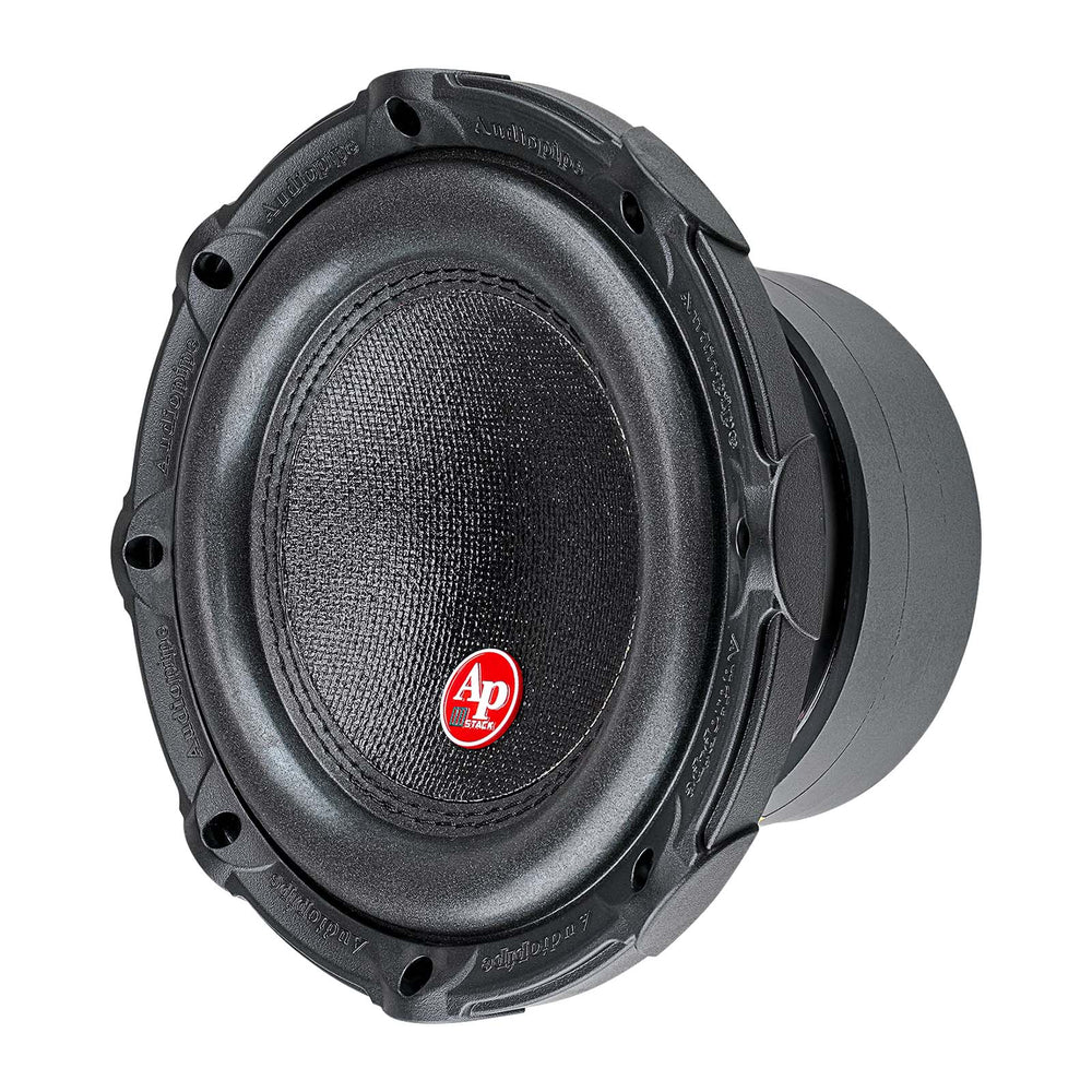 Triple-stack 8 in subwoofer front view with black cone and red center logo