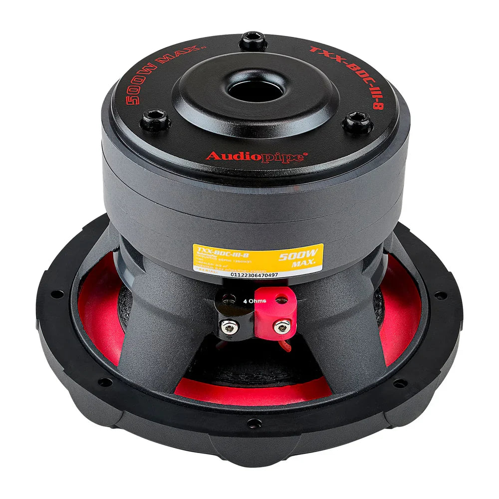 Triple-stack 8 in subwoofer with mounting basket and visible wiring terminals