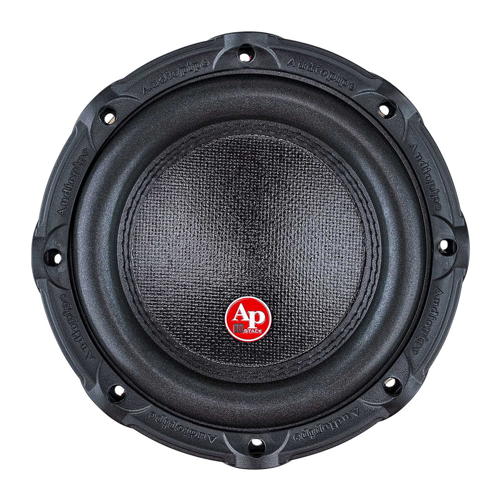 Triple-stack 8 in subwoofer close-up of black cone and red logo badge