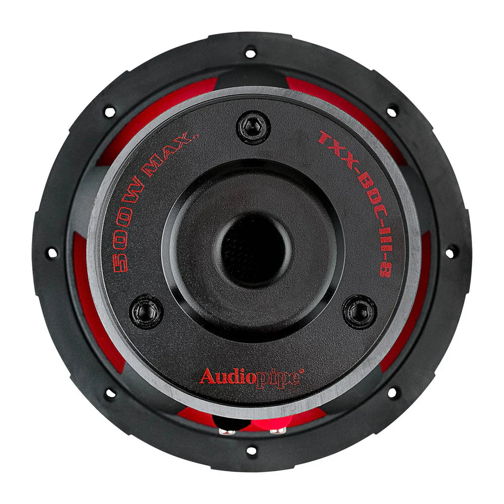 Triple-stack 8 in subwoofer rear plate with black finish and red ring text