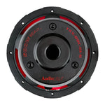 Triple-stack 8 in subwoofer rear plate with black finish and red ring text