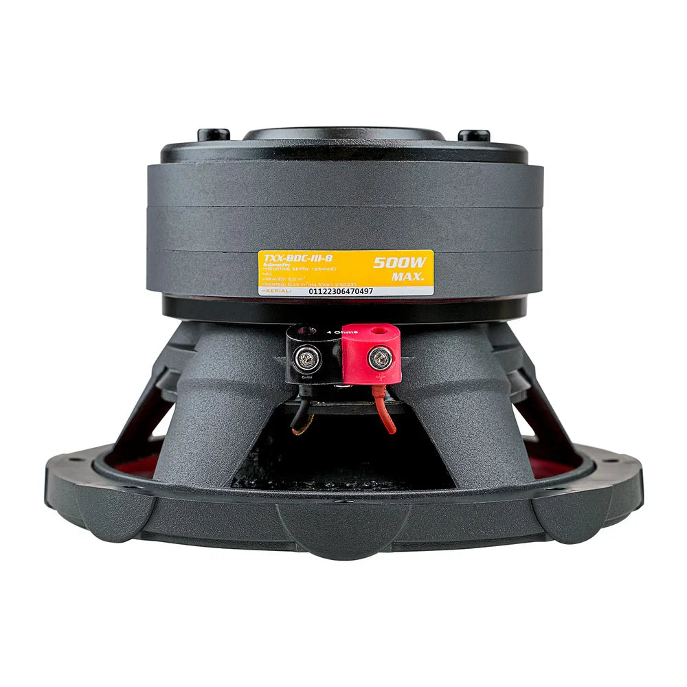 Triple-stack 8 in subwoofer rear view with red and black connection terminals