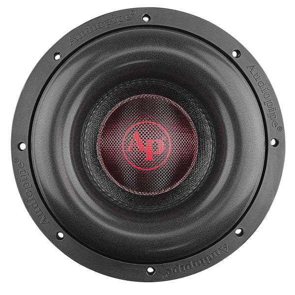 Audiopipe 10-inch subwoofer driver, black cone with red logo and grille center
