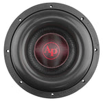 Audiopipe 10-inch subwoofer driver, black cone with red logo and grille center