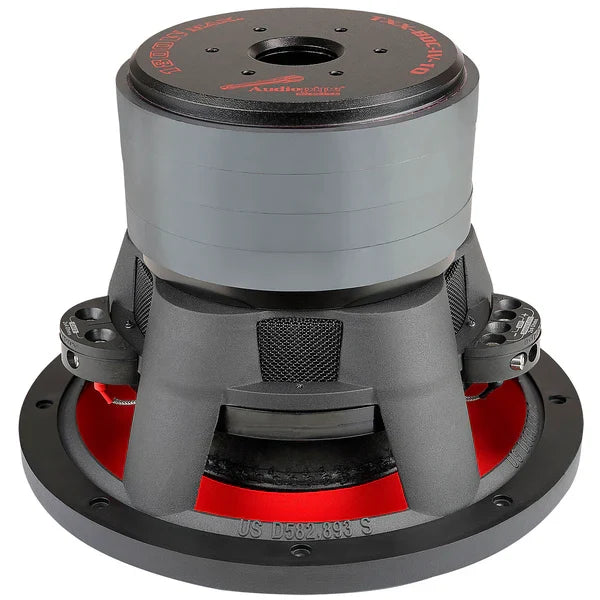 Audiopipe 10-inch DVC 4-ohm subwoofer rear view with metal frame and red components